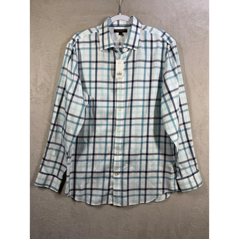 Banana Republic Button Down Shirt Mens L Blue Plaid Non-Iron Slim Fit NWT